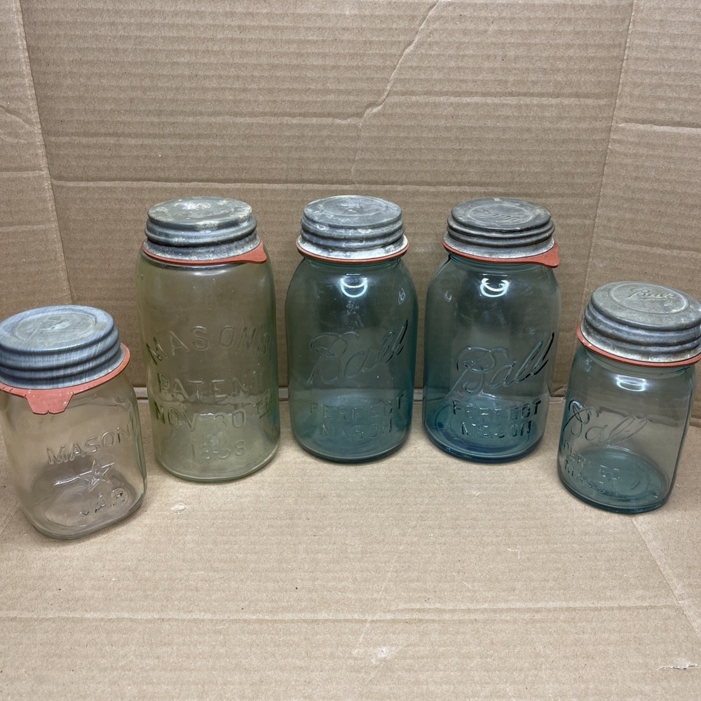 Lot of 5 Vintage Mason Canning Fruit Jars Ball Mason Boyd Zinc Lids Aqua Glass